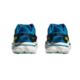 Championes de running Hoka modelo Kawana 2, color azul marino con detalles en azul claro y amarillo neón. Presentan una suela de amortiguación gruesa con efecto moteado y diseño ergonómico para mayor estabilidad.