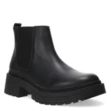Botas tipo chelsea de cuero negro con suela track de plataforma acanalada y paneles elásticos laterales.
