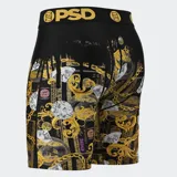 Calzoncillos bóxer de la marca PSD, con diseño de billetes de dólares, diamantes, cadenas de oro y un monstruo con dientes afilados.