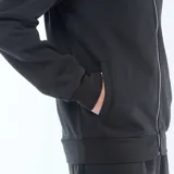 Buzo negro de corte estándar con cierre frontal completo, cuello alto y puños elásticos.