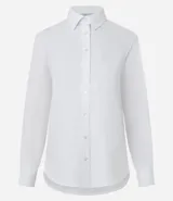 Camisa básica de mujer confeccionada en tricolina de algodón, con cuello solapa, cierre frontal de botones y mangas largas con puños abotonados.