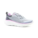 Championes grises con detalles en rosa y suela blanca con tecnología memory foam.