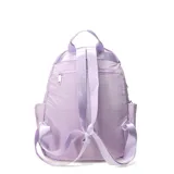 Mochila de tela color lila con múltiples bolsillos frontales y laterales con ajuste de cordón elástico.