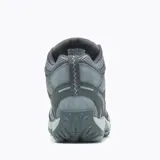 Botín de senderismo impermeable Merrell Accentor 3 Mid WP, color gris con detalles en celeste. Fabricado con parte superior de ante y malla, cordones y correas recicladas, puntera protectora de goma y suela de goma adherente.