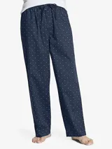 Pantalón de pijama azul marino con estampado de microbanderas rojas y blancas, cintura elástica con cordón ajustable y bragueta con botón.