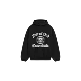 Hoodie de felpa pesada Fear of God Essentials en color negro, con diseño vintage shrunken y capucha ajustable. Cuenta con estampado gráfico frontal en color blanco con tipografía gótica y logotipo de escudo.