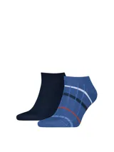 Pack de dos pares de medias Tommy Hilfiger, uno de color azul marino liso y otro azul con estampado de líneas y detalles en blanco y naranja.