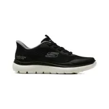 Championes deportivos Skechers modelo Summits Leyter, color negro con entresuela blanca. Presentan tecnología Hands Free Slip-ins, parte superior de tejido técnico con superposiciones hotmelt, cordones elásticos fijos y plantilla acolchada Air-Cooled Memory Foam.