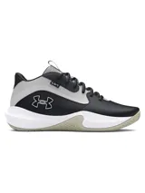 Championes de básquetbol Under Armour modelo Lockdown 7, con diseño en combinación de negro, gris y blanco. Presentan una parte superior de malla transpirable con superposiciones de cuero sintético para mayor durabilidad, entresuela de EVA para una pisada ligera y reactiva, y suela exterior de caucho con patrón de tracción en espiga para un control superior en la cancha.