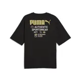 Remera Puma de corte boxy, color negro, con cuello redondo y mangas cortas. Presenta el logo de la marca estampado en tono dorado en el pecho.