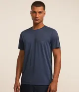 Remera deportiva de hombre, color gris claro, con cuello redondo y manga corta. Presenta un sutil efecto degradado o panel de color más claro en la zona del pecho.