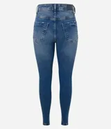 Pantalón de jean skinny azul con cintura alta y detalles de desgaste en los bolsillos.