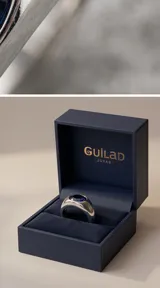 Anillo de plata con diseño de sello y cristal azul facetado en forma ovalada.
