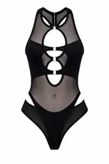 Body negro con diseño cut-out frontal, paneles de malla transparente y cierres metálicos decorativos en el centro. Presenta un corte estilo racerback y una parte inferior tipo vedetina.