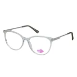 Armazón de anteojos MDQ modelo GZ08, con frente de acetato transparente y patillas metálicas color musgo.