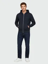 Campera deportiva Boss modelo H-Spence de color azul marino, con capucha ajustable con cordones, cierre frontal completo y bolsillos estilo canguro.