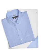 Camisa de manga larga RKF modelo Cityscape Wrinkle Free de corte regular fit, color celeste con diseño de cuadros finos, cuello con botones y bolsillo frontal con logo bordado.