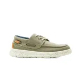 Zapato casual Hanker estilo náutico para hombre, confeccionado en lona color beige con cordones, suela blanca con efecto moteado y detalles en azul y marrón en el talón.