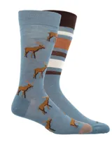 Medias largas de bambú con diseño estampado de alces sobre fondo azul y detalles de franjas horizontales en tonos tierra.