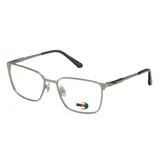 Armazón de anteojos MDQ modelo M35, con marco metálico de color gris oscuro mate y patillas con terminales en verde y negro.