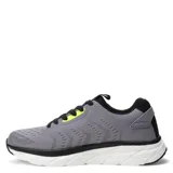 Championes deportivos de hombre en color gris, con cordones negros, detalles en amarillo neón y suela blanca con base negra.