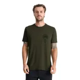 Remera verde militar de manga corta, con cuello redondo y pequeño estampado gráfico en el pecho.