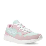 Championes urbanos Umbro con diseño en bloques de color, combinando tonos menta y rosado. Presentan paneles superpuestos, cordones blancos y suela de goma blanca.
