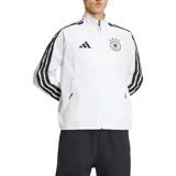 Campera deportiva Adidas de la selección de Alemania, modelo Anthem. Diseño en color blanco con cierre frontal, cuello alto, bolsillos laterales y las icónicas tres tiras de la marca en color negro a lo largo de las mangas. Presenta el logo de Adidas y el escudo de la selección alemana en el pecho.