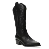 Botas texanas Miss Carol modelo Edna, color marrón oscuro, con diseño de costuras bordadas en la caña y en la puntera fina. Cuenta con tacón cubano y tiradores laterales.