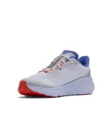 Championes de running Columbia modelo Konos Featherweight, diseñados con malla tejida jacquard ultratranspirable. Presentan sistema de amortiguación Omni-MAX, entresuela TechLite+ para retorno de energía y suela Omni-Grip para tracción en diversos terrenos. Diseño en color blanco con detalles en azul, naranja y gris.