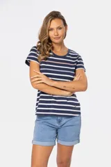 Remera manga corta con rayas horizontales color rosa, blanco, celeste y lila.