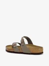 Sandalias Birkenstock modelo Mayari en color gris, confeccionadas con material sintético Birko-Flor de aspecto nubuc. Presentan un diseño de dos correas ajustables con hebillas metálicas y una tira para el dedo, sobre una plantilla anatómica de corcho y látex revestida en ante y suela de EVA.
