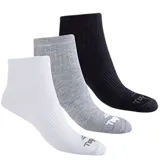 Pack de tres pares de medias deportivas Topper de caña media, con diseño acanalado en el empeine y tobillo. Incluye un par blanco, uno gris melange y uno negro, todos con el logo de la marca estampado en la puntera.