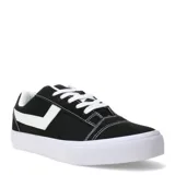 Championes urbanos Pony de lona negra con detalles en blanco, incluyendo el logo lateral característico, cordones blancos y suela de goma blanca.