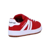 Championes urbanos Austral Gravity de mujer, color rojo con detalles en blanco y suela de goma marrón. Presentan diseño estilo skate con cordones blancos, la letra 'M' blanca en los laterales y logo de la marca en la lengüeta.