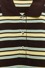 Polo de manga larga confeccionado en algodón, con diseño a rayas horizontales en tonos amarillos, verdes y oscuros. Presenta cuello solapa, cierre frontal con botones y bajo recto.