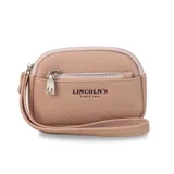 Monedero de mano con diseño rectangular y textura granulada, marca Lincoln's. Cuenta con cierre perimetral, bolsillo frontal con cierre y correa de muñeca integrada.