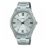 Reloj Casio plateado con caja de acero inoxidable y esfera plateada con números romanos.