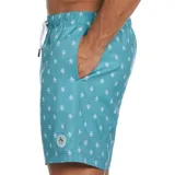 Short de baño color turquesa con estampado de pequeños pingüinos blancos, cuenta con cintura elástica con cordón ajustable y corte recto.