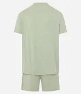 Conjunto de pijama para hombre, compuesto por una remera de manga corta con cuello redondo y un short con cintura elástica y cordón de ajuste. El tejido es de malla flamê con efecto mezcla en tonos beige y marrón.