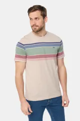 Remera de manga corta con cuello redondo y diseño rayado multicolor en tonos azules, beige, verde y rosado, con pequeño logo bordado en el pecho.