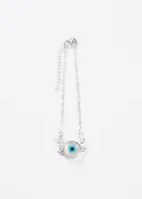Pulsera de plata 925 con cadena forcé, dije central de ojo turco grande con fondo nacarado y puntos de luz a los lados.