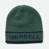 Gorro tipo beanie reversible de tejido de punto, color verde con detalles en azul marino. Presenta el logo de la marca Merrell estampado en la parte frontal y diseño elástico.