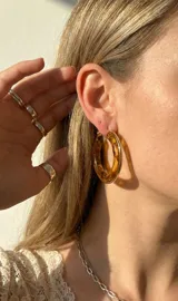 Aros argollas de acero con pieza de carey en tono marrón, de diseño liviano y versátil.