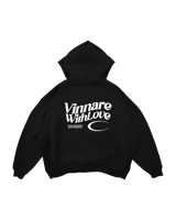 Canguro negro oversize de algodón con capucha y estampado blanco en la espalda con la frase "Vinnare With Love" y el logo de la marca.
