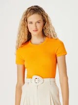 Blusa de manga corta y cuello redondo, confeccionada en tejido de punto elástico de color naranja vibrante, con un ajuste al cuerpo.