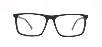 Armazón para lentes de acetato negro, con forma rectangular y patillas delgadas.