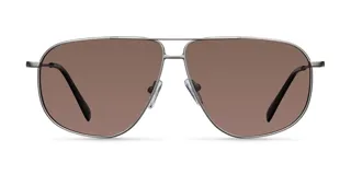 Lentes de sol estilo aviador oversize con montura metálica fina en color gris y doble puente. Lentes polarizadas en tono marrón con acabado pulido.