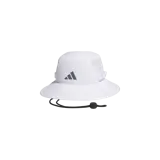 Gorro bucket Adidas Victory 5 color blanco, con perforaciones laterales para mayor ventilación, logo gris en el frente y cordón ajustable negro con tanca.