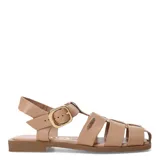 Sandalias franciscanas de cuero negro para mujer, con diseño de tiras cruzadas, hebilla metálica dorada de ajuste en el lateral y suela plana.